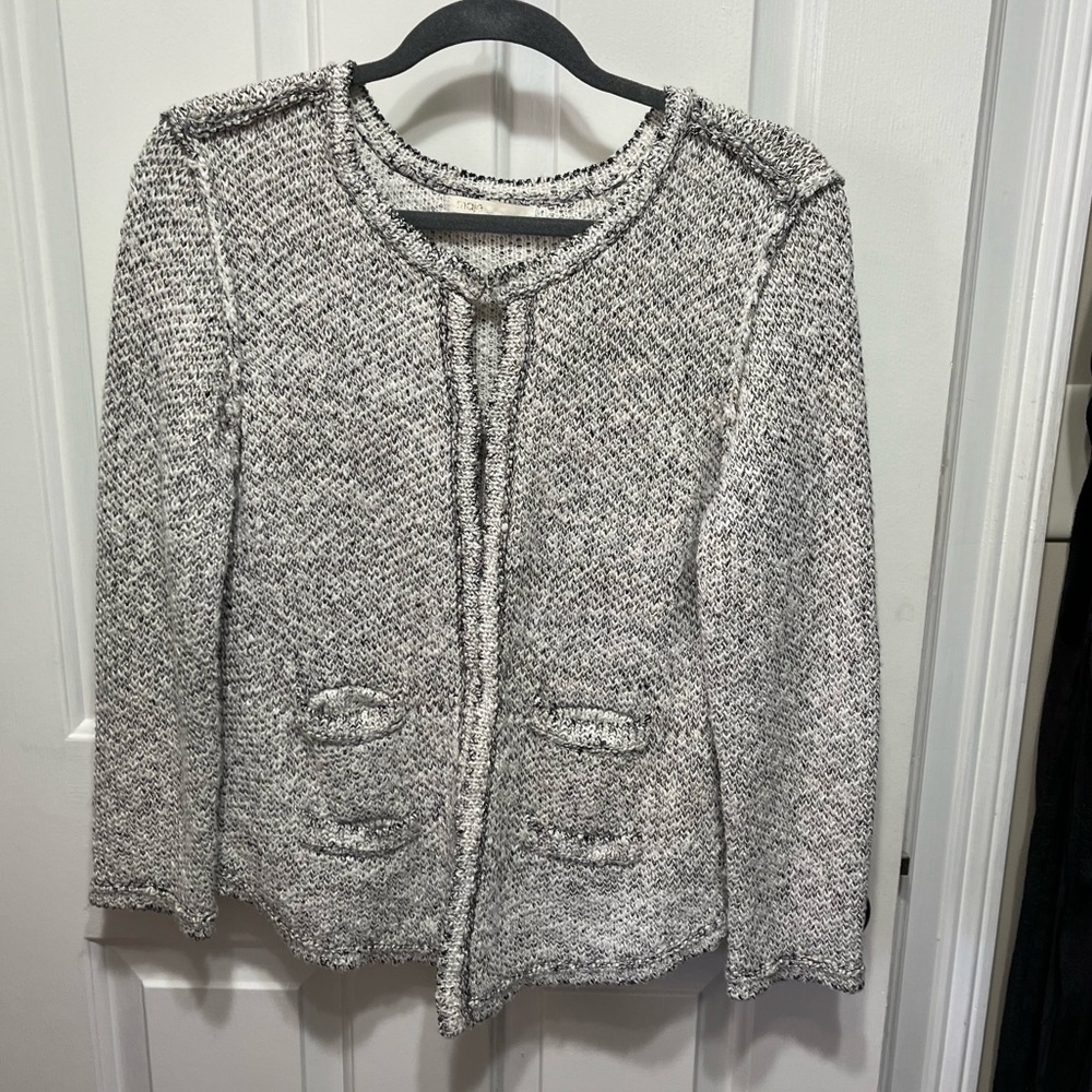 Maje tweed jacket. Size 3, equivalent to size large. Hook clasps in front.